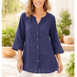 JM Collection Linen Tunic Women 14 Navy Blue Crochet Lace Trim Button Front Top